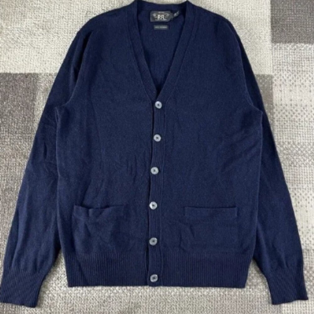RRL Double RL Men's‎ Knit Cashmere Cardigan V-Neck Sweater Navy Blue Medium